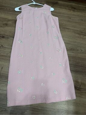 Talbots pink gingham embroidered palm tree shift sheath dress-S